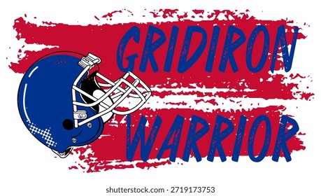 Bold “GRIDIRON WARRIOR” text with helmet red and royal blue and dynamic brushstroke background. Ideal for sports apparel, team branding, football graphics, fan merchandise, and promotional design.