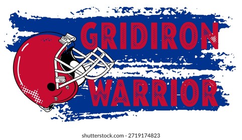 Bold “GRIDIRON WARRIOR” text with helmet red and royal blue and dynamic brushstroke background. Ideal for sports apparel, team branding, football graphics, fan merchandise, and promotional design.