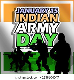 Bold text with illustration of Indian soldiers on waving Indian flag background to commemorate Indian Army Day on January 15