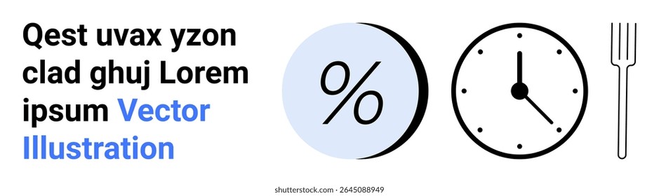 Bold text, percentage sign within a blue circle, clock indicating time, and grey fork. Ideal for business metrics, time management, business presentations, marketing, educational materials