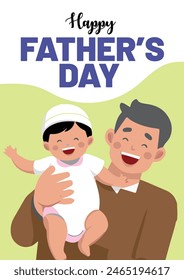 Bold text reads 'Happy Father's Day' against a backdrop of a smiling father and child, vibrant colors accentuating the warmth of the bond. Simple, heartfelt, and celebratory.