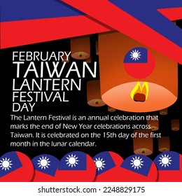 Bold text and sentence with Taiwan flags with ribbons on lanterns flying at night background to commemorate Lantern Festival Taiwan on February 5