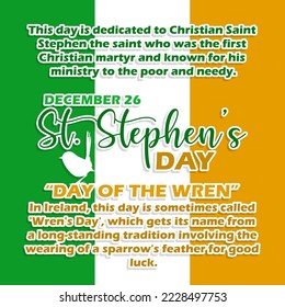 Texto en negrita y frases con ícono de pájaro sobre fondo de bandera irlandesa para conmemorar el Día de San Esteban el 26 de diciembre en Irlanda
