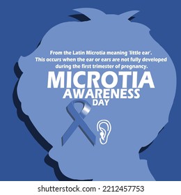 Bold text and sentences with blue ribbon and boy silhouette illustration on turquoise background to commemorate Microtia Awareness Day on November 9