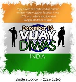 Texto en negrita y frases con un ícono de comandante y soldado en antecedentes indios para conmemorar a Vijay Diwas el 16 de diciembre en India