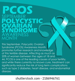 Bold text and sentences with light blue ribbon and illustration of an ovary on turquoise background to commemorate Polycystic Ovarian Syndrome Awareness Month on September