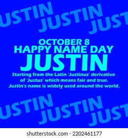 Bold text and sentences on a blue background to celebrate all the Justin names on Justin Day on October 8th