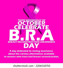 Bold text and sentences with pink ribbon on pink background to celebrate Breast Reconstruction Awareness (BRA) Day on October 19