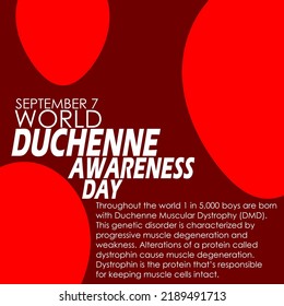 Bold text and sentences with red balloon decoration illustration on dark red background to commemorate World Duchenne Awareness Day on September 7