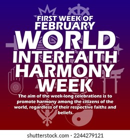 Bold text and sentences with religious symbols behind them on gradient background to commemorate World Interfaith Harmony Week on February