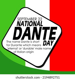 Texto en negrita y frases en una caja blanca con fondo de la bandera italiana para celebrar el Día Nacional del Dante el 22 de setiembre