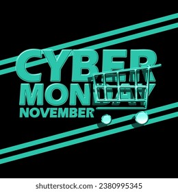 Texto en negrita y carrito de la compra aislado en el fondo negro para celebrar el Lunes Cibernético en noviembre