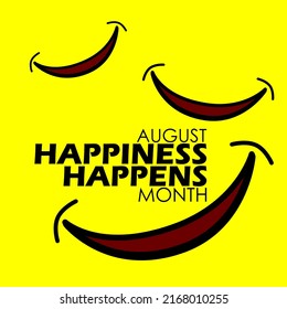 Bold text with some happy smile icon illustrations on yellow background, Happiness Happens Month August
