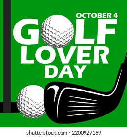 Bold text with sports equipment such as golf clubs and golf balls on green background, National Golf Lovers Day on October 4