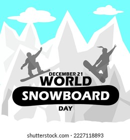 Bold text with a surfer icon and view of a snowy mountain on a cloudy clear sky to celebrate World Snowboard Day on December 21