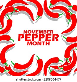 Bold text surrounded by red chilies on a white background to celebrate Pepper Month on November
