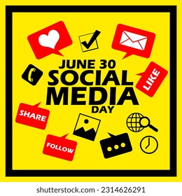 Bold text surrounded by social media elements symbols and icons in frame on yellow background to commemorate Social Media Day on June 30