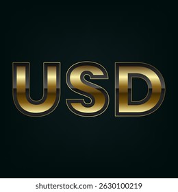 A bold text USD text rendered in sleek gold gradients symbolizes wealth, prestige, and financial power on a dark, elegant background vector, illustration