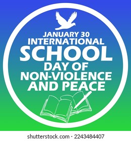 Bold text with white bird icon symbol of peace with two books and a pen in circle frame on gradient background to commemorate International School Day of Non-violence and Peace on January