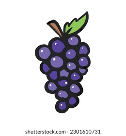 Bold and textured messy art styled cartoon purple grape fruit isolated on square white background. Healthy purple colored fruit with sweet taste.