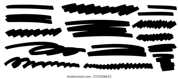 Formas texturizadas em negrito criadas com marcador e pintura em papel, usando realce para definir a linha. Os destaques frouxos no papel aumentam a profundidade do marcador e o movimento do realce em cada sublinhado.