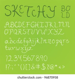 Bold, thick handdrawn sketchy font with numbers, symbols, and upper and lowercase letters.