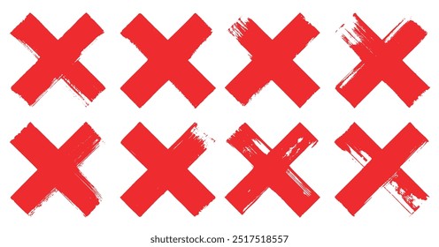 Bold thick red hand painted X or cross mark with textured brush strokes watercolor ink, choice mistake error cancel incorrect.