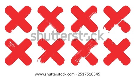 Bold thick red hand painted X or cross mark with round corner textured brush strokes watercolor ink, choice mistake error cancel incorrect.