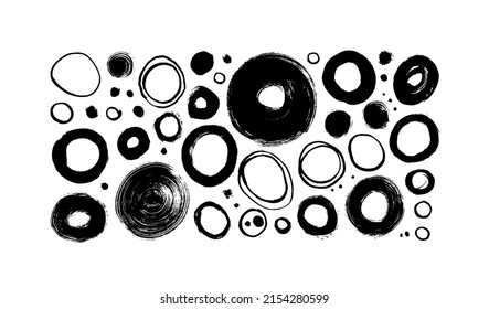 Bold and thin grunge circles vector collection. Hand drawn vector different round shapes. Circular scribble doodles isolated on white background. Black painted geometric linear round lines. 