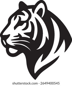 Bold tiger head silhouette vector with sharp lines and fierce expression. Ideal for logos, tattoos, wildlife branding, sports mascots, and bold graphic design projects.