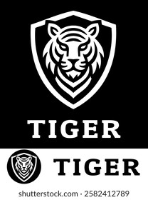 Bold tiger logo design featuring a fierce tiger face within a shield in black and white