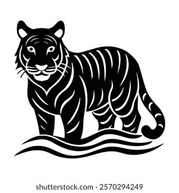 Bold tiger silhouette swimming in water icon