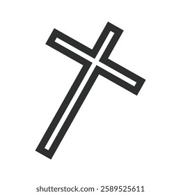 A bold, tilted cross with a hollow center stands against a white background, symbolizing faith, strength, and spiritual depth in a minimalist, modern design.