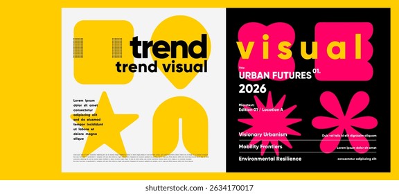 Bold trend visual poster with geometric icons, strong typographic contrasts, and vibrant hot pink elements creating a forward-looking aesthetic.