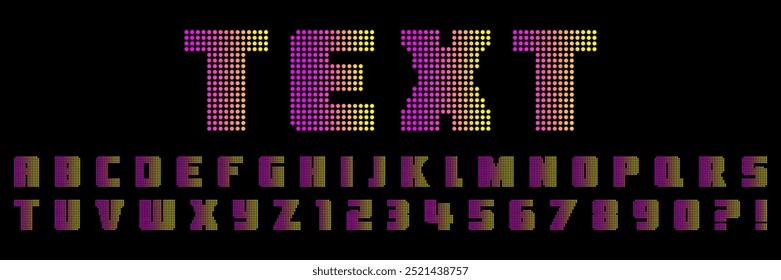 Bold trendy dotted alphabet. Vintage symbols, letters and numbers made in the form of scattered dots with a smooth gradient in neon colors.