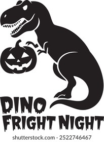 Bold T-Rex Silhouette Holding Pumpkin with Spooky Font for Dino Fright Night Halloween Art