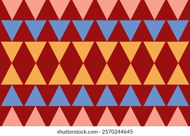 Bold Triangular Geometric Pattern in Red, Blue, and Yellow with Symmetrical Design Elements for Seamless Vector Art, Wallpaper, and Decorative Background