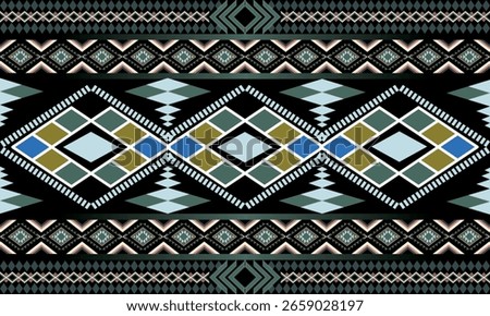 Bold tribal Aztec pattern in diamond shapes with blue, green, gold, and black tones ideal for fabric, ethnic prints, home decor, or graphic design with cultural flair.