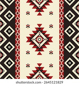 Bold tribal border seamless pattern in red, black, and cream. Perfect for fabric panels, ethnic print design, and rustic wrapping paper.