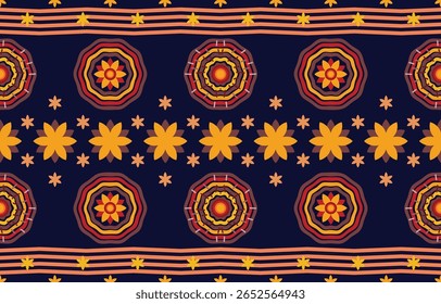 Negrito padrão floral tribal com flores geométricas em tons laranja quente e vermelho em um fundo azul escuro. Perfeito para têxteis, moda e desenhos inspirados em boho.