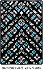 Um padrão geométrico tribal em negrito com um fundo preto clássico e motivos brancos nítidos realçados com acentos azuis brilhantes. Ideal para moda premium, acessórios e produtos têxteis.
