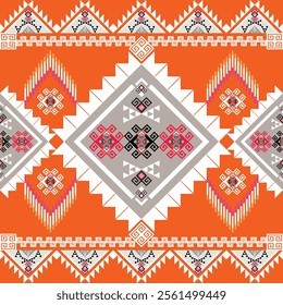 Bold tribal geometric pattern in orange, gray, and white tones, featuring intricate motifs and symmetrical designs. Perfect for textiles, home decor, and creative projects.