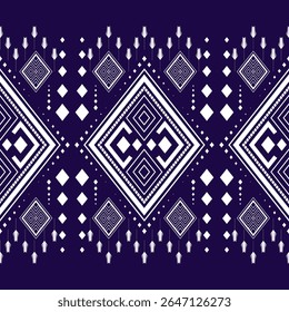 A bold tribal geometric pattern in white on a deep purple background. Decorated with diamond shapes and feather accents, perfect for fashion, digital prints, and fabric design.
