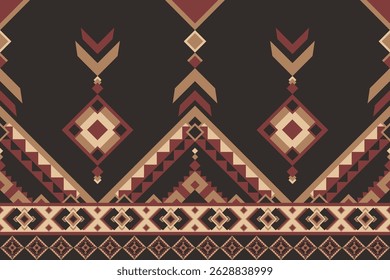 Kühnes Stammesmuster auf schwarzem Hintergrund mit geometrischen Diamanten- und Pfeilmotiven in Rot-, Beige- und Goldtönen, inspiriert von traditionellen ethnischen Motiven.