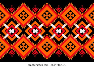 Bold tribal seamless geometric pattern inspired by indigenous Southeast Asian textile designs. Features striking diamond shapes with sharp triangular motifs in vibrant red, orange, black, and white. I