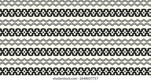 Bold tribal seamless pattern with alternating geometric waves and interlocked motifs. Ideal for textiles, backgrounds, and ethnic-inspired designs.