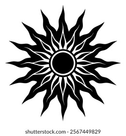 A bold tribal sun illustration with sharp, flowing rays and a solid circular center. This black-and-white design is perfect for tattoos, decorative elements, logos, or artistic projects. 