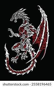 A bold tribal tattoo design featuring a powerful, winged dragon in white and red in black background, radiating strength and fiery intensity.