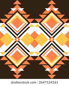 Un atrevido diseño geométrico de inspiración tribal con Formas de diamantes y triángulos en naranja, amarillo y marrón. Perfecto para estampados de moda, textiles y diseño de superficies digitales.