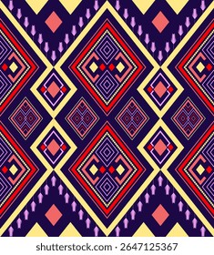 Un atrevido diseño geométrico de inspiración tribal con diamantes y motivos de plumas en colores vibrantes. Ideal para tejidos de moda y estampados textiles digitales.
